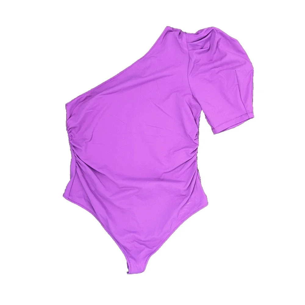 Free People One Shoulder Puff Sleeve L Bodysuit Magenta Ruched Side Stretchy - Picture 8 of 8